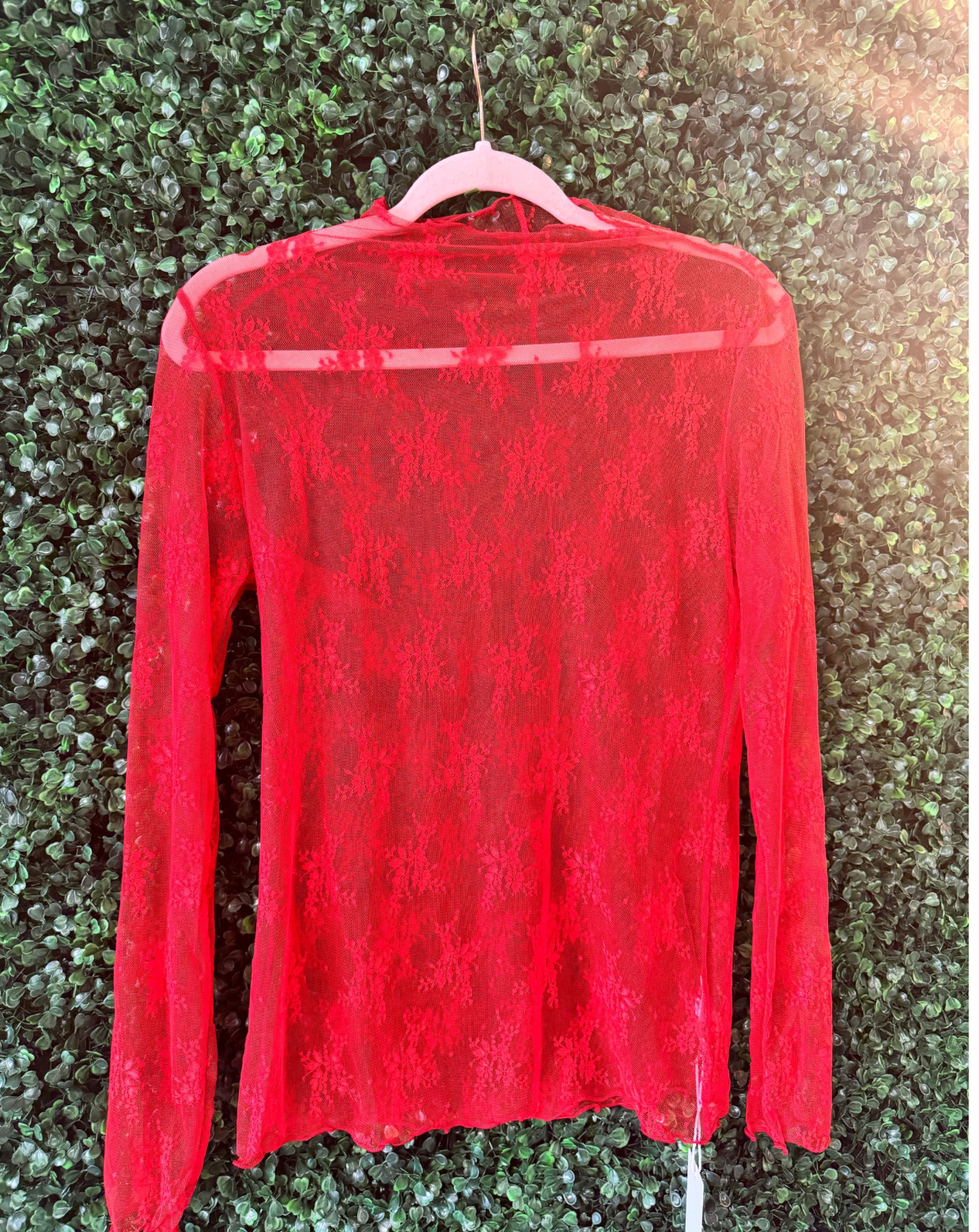 Lace Mesh Mock Neck Top- Red