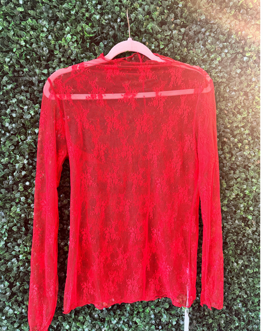 Lace Mesh Mock Neck Top- Red