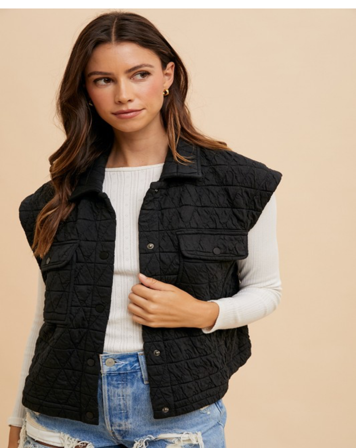 Talk To Me Textured Quilted Vest- Black